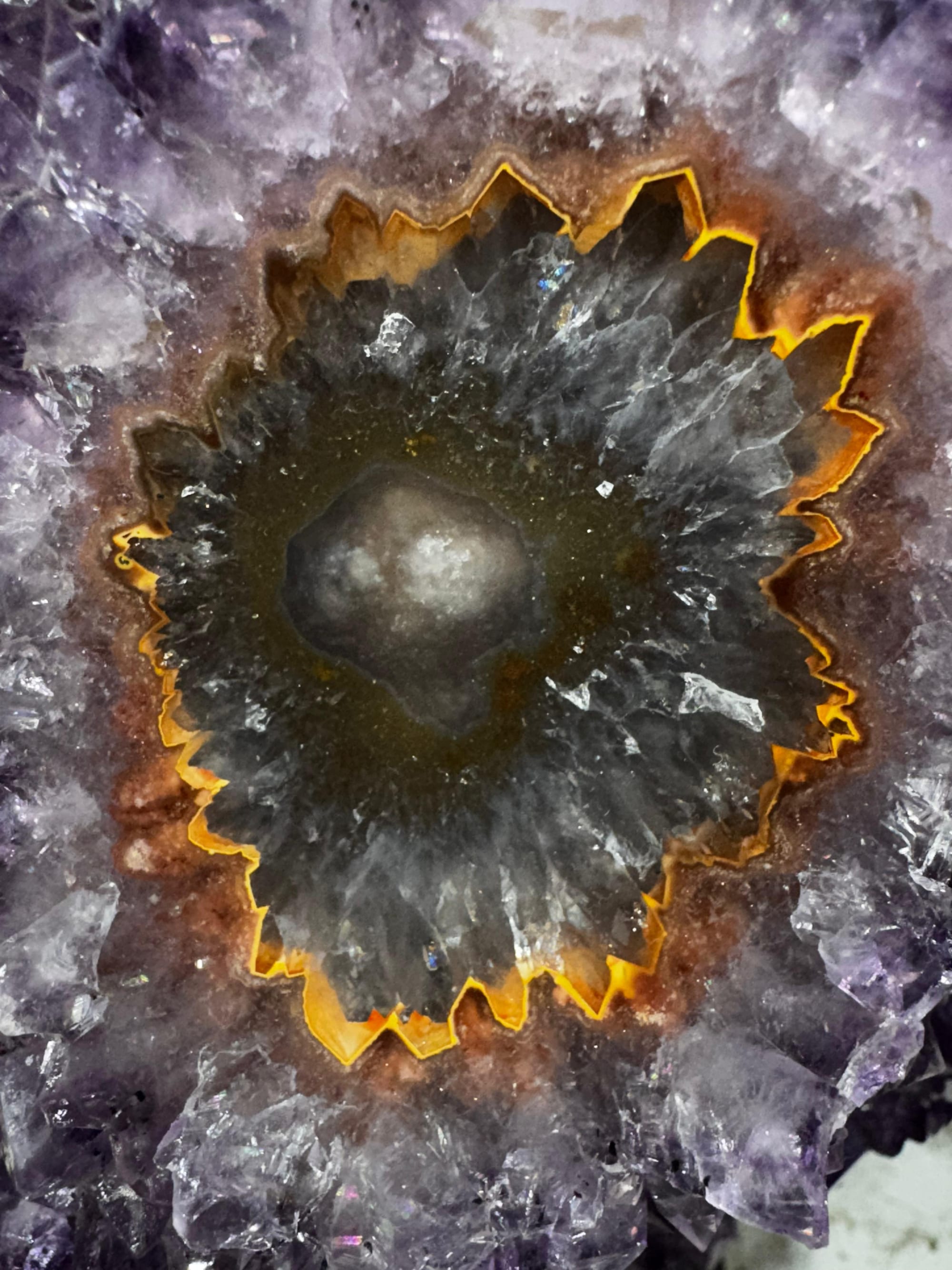 Corte de una geoda: anillo de cristales con borde anaranjado alrededor de un centro gris, rodeado de amatista